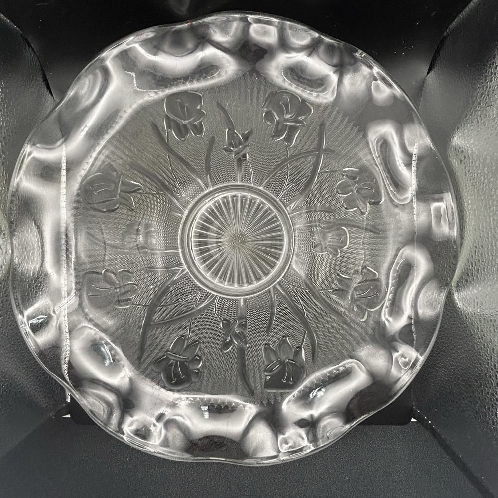 Herring Bone and Iris Depression Glass Fruit Seving Bowl Scalloped Edge 11"